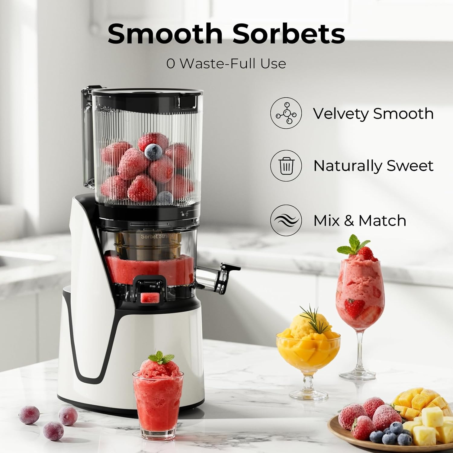 Juicer Machines, 3-in-1 Cold Press Juicer with 6.5" Extra Large Chute, 100oz Large Capacity, AC Motor, Makes Juice, Nut Milk & Sorbet, Bright White