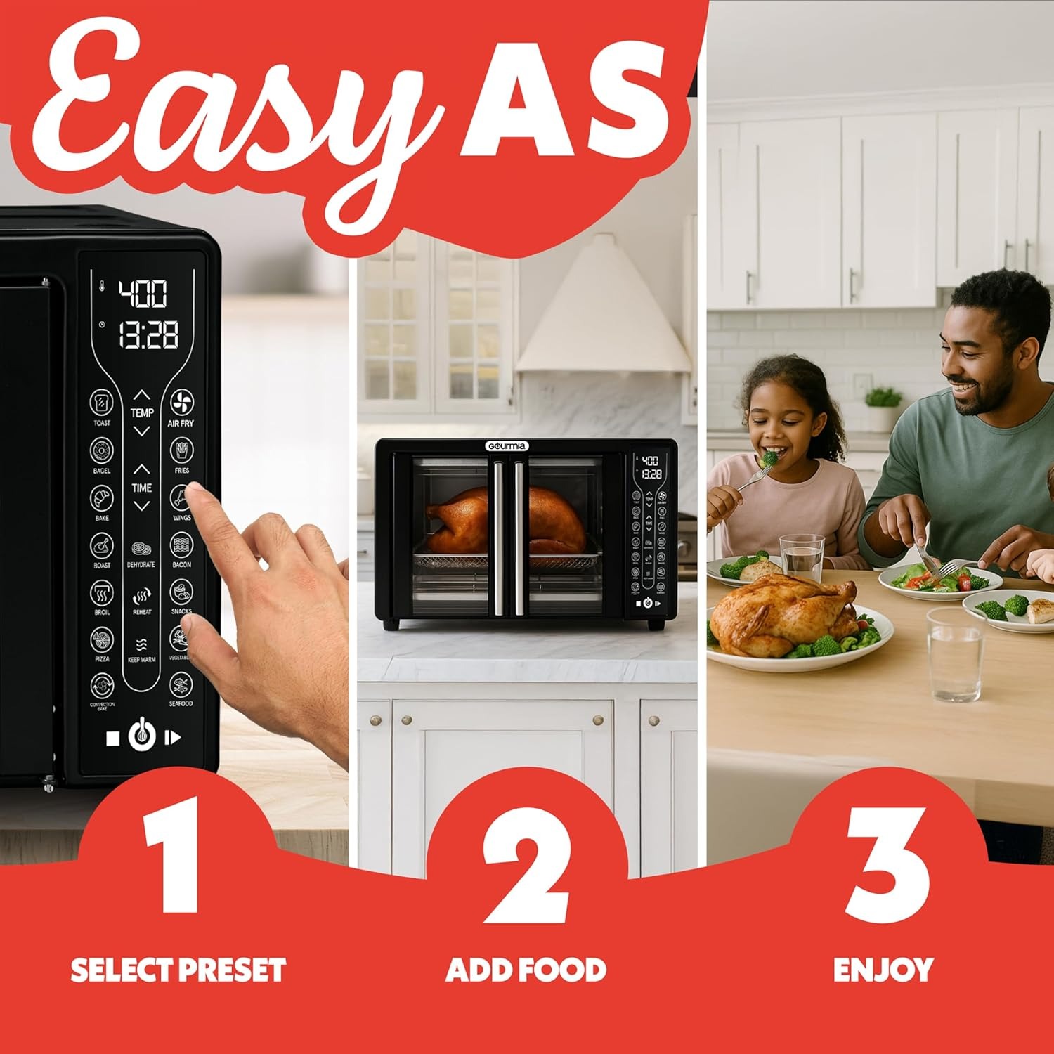 Gourmia French Door Air Fryer – 25 Qt Large Capacity Convection Oven, Fryforce 360°, Digital Display with 17 Cooking Presets, Bake, Toast, Roast, Dehydrate, Fits 12” Pizza