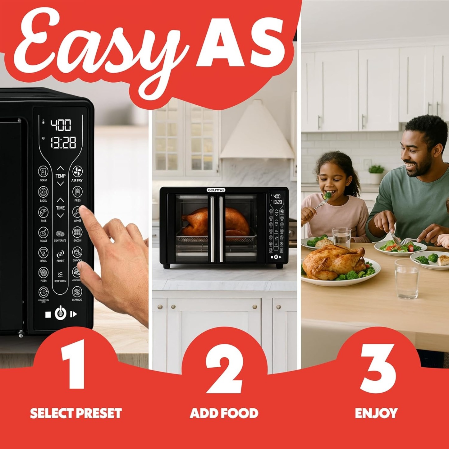 Gourmia French Door Air Fryer – 25 Qt Large Capacity Convection Oven, Fryforce 360°, Digital Display with 17 Cooking Presets, Bake, Toast, Roast, Dehydrate, Fits 12” Pizza