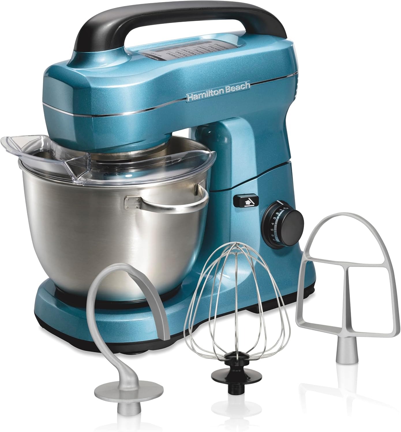 Hamilton Beach Electric Stand Mixer, 4 Quarts, Dough Hook, Flat Beater Attachments, Splash Guard, 7 Speeds with Whisk, Easy-Carry Top Handle, Aqua
