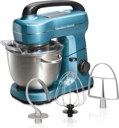 Hamilton Beach Electric Stand Mixer, 4 Quarts, Dough Hook, Flat Beater Attachments, Splash Guard, 7 Speeds with Whisk, Easy-Carry Top Handle, Aqua