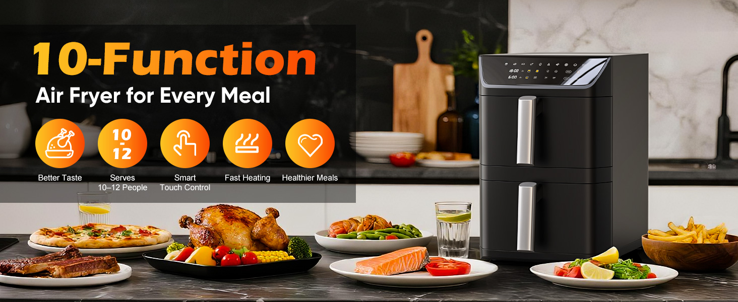 A dual-basket air fryer with a stacked design that cooks two foods at once