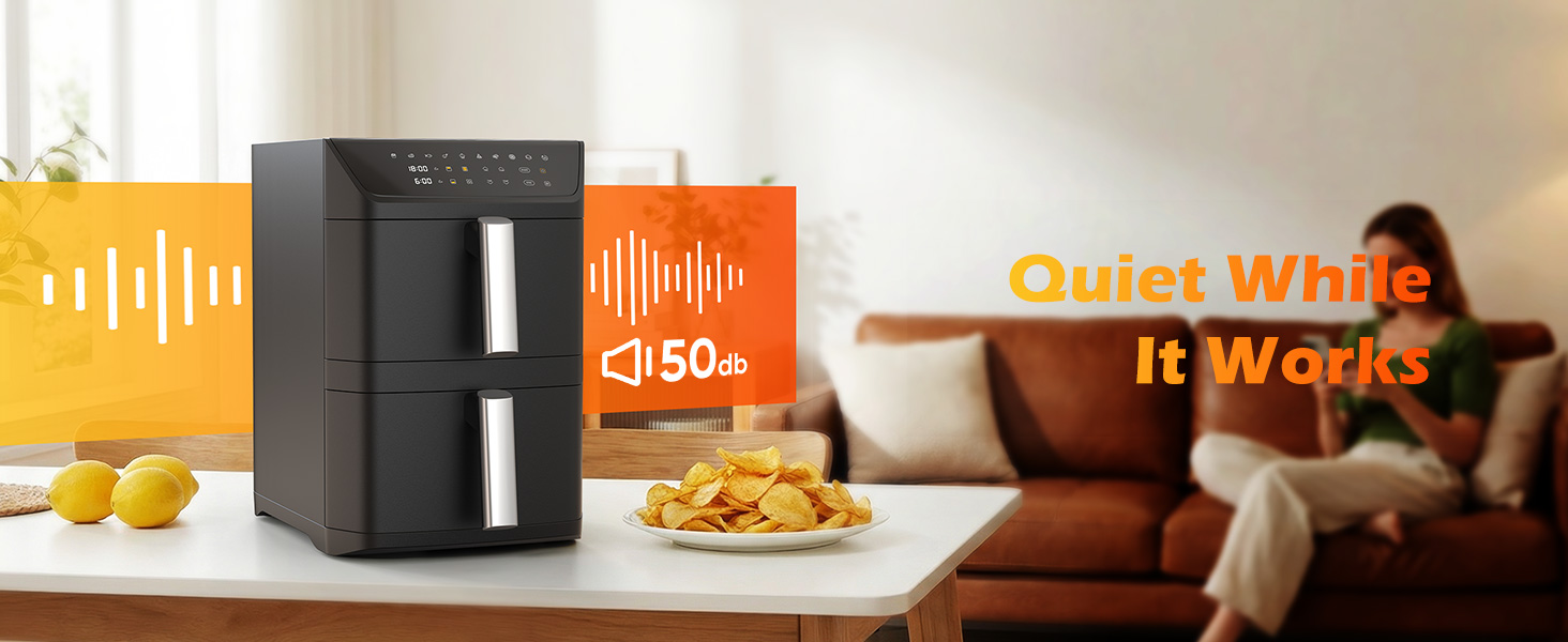 A dual-basket air fryer with a stacked design that cooks two foods at once