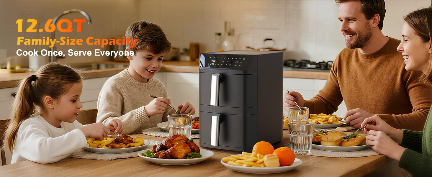 A dual-basket air fryer with a stacked design that cooks two foods at once