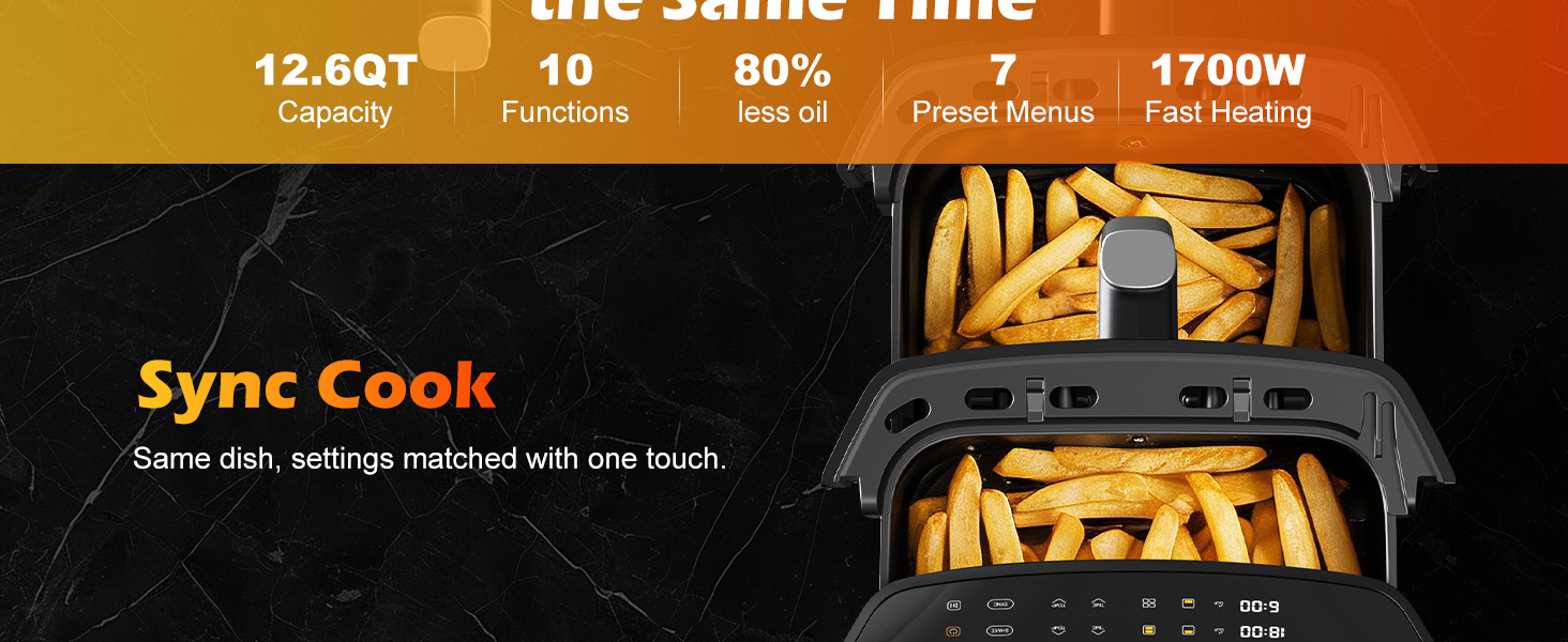 A dual-basket air fryer with a stacked design that cooks two foods at once