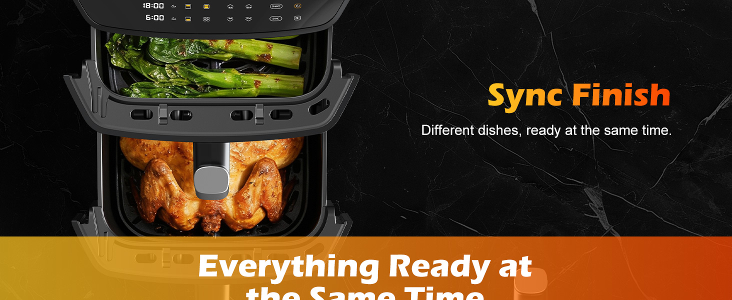 A dual-basket air fryer with a stacked design that cooks two foods at once