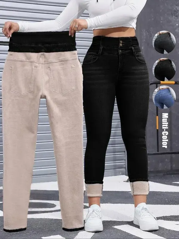 Women's High Elasticity Fleece Lined Thick Denim Jeans