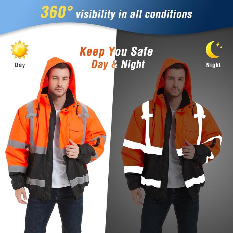 ProtectX Hi Vis Safety Jacket, High Visibility Waterproof Reflective Winter Construction Bomber Jacket for Men With Multi Pockets Menswear Clothing Workwear
