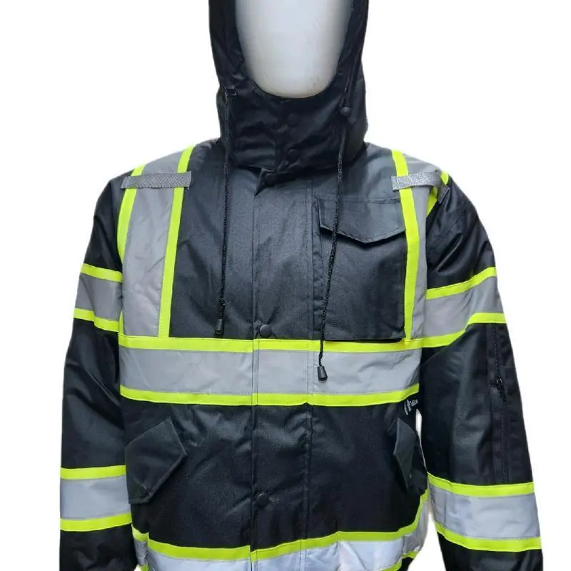 High Visibility Water Resistant Bomber Safety Jacket with Hoodie / Ref