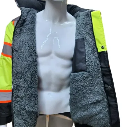 High Visibility Water Resistant Bomber Safety Jacket with Hoodie / Reflective Safety Sherpa Insulated Jacket