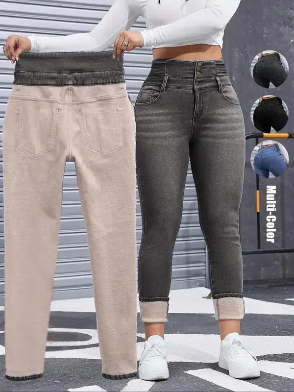 Women's High Elasticity Fleece Lined Thick Denim Jeans