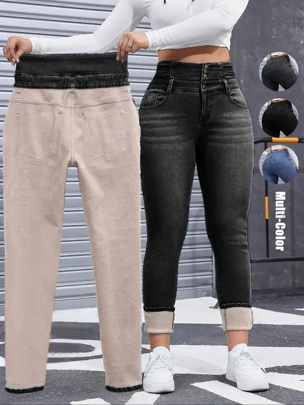 Women's High Elasticity Fleece Lined Thick Denim Jeans