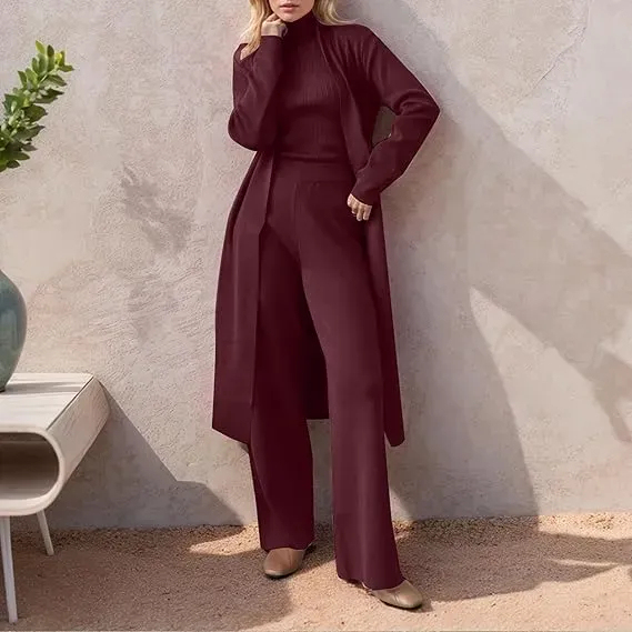 Three-Piece Set - Knit Turtleneck Tank & Wide Leg Pants With Long Cardigan