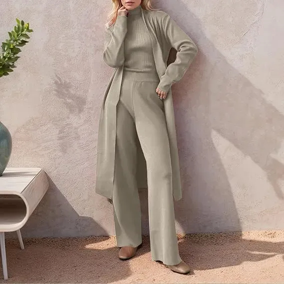 Three-Piece Set - Knit Turtleneck Tank & Wide Leg Pants With Long Cardigan