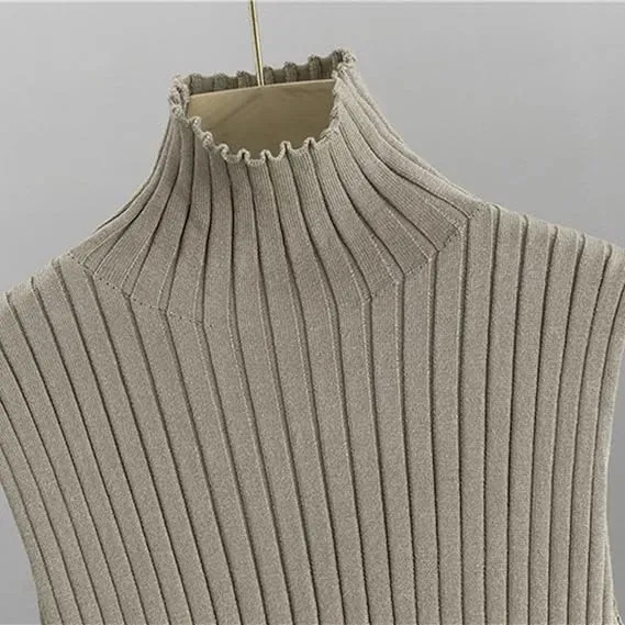 Three-Piece Set - Knit Turtleneck Tank & Wide Leg Pants With Long Cardigan