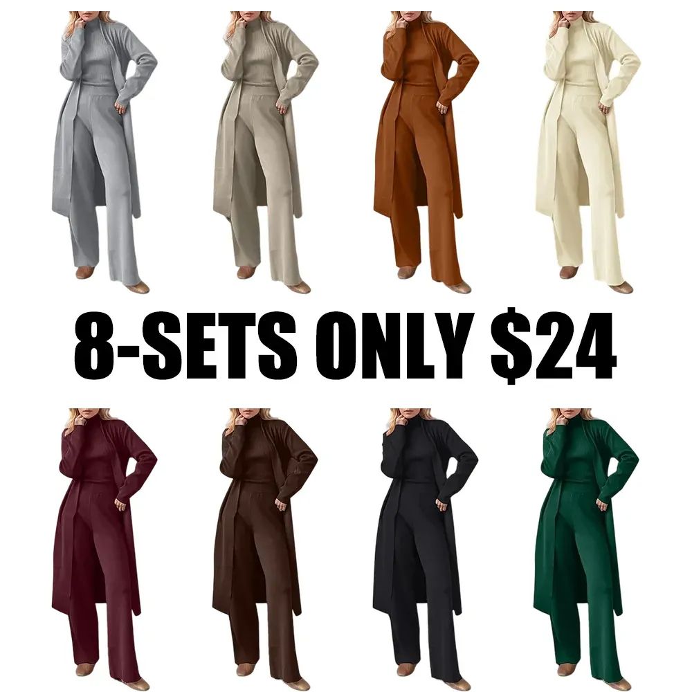 Three-Piece Set - Knit Turtleneck Tank & Wide Leg Pants With Long Cardigan