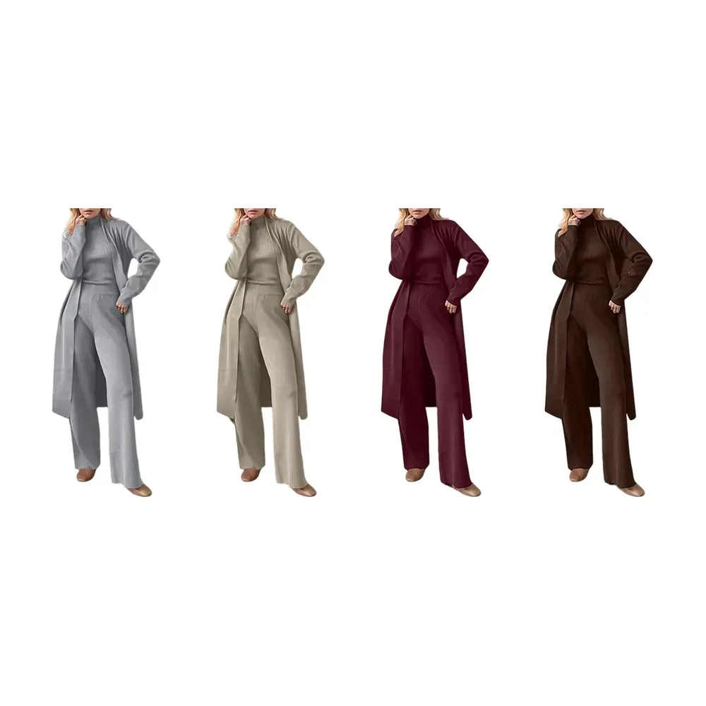 Three-Piece Set - Knit Turtleneck Tank & Wide Leg Pants With Long Cardigan