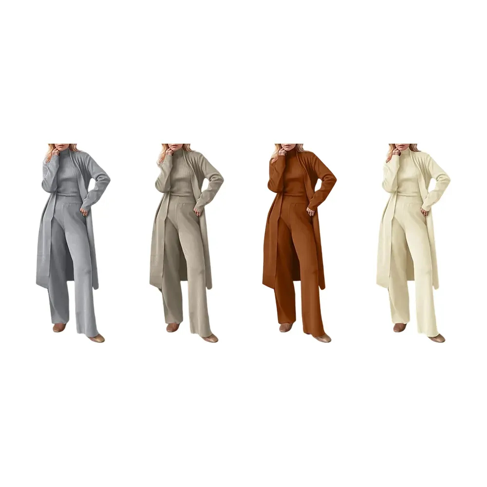 Three-Piece Set - Knit Turtleneck Tank & Wide Leg Pants With Long Cardigan