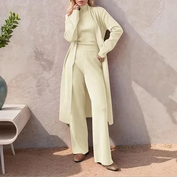 Three-Piece Set - Knit Turtleneck Tank & Wide Leg Pants With Long Cardigan
