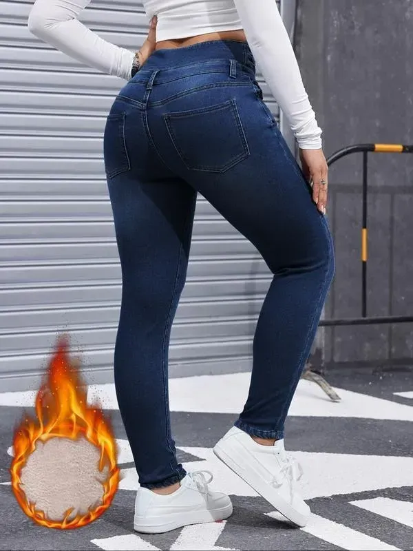 Women's High Elasticity Fleece Lined Thick Denim Jeans