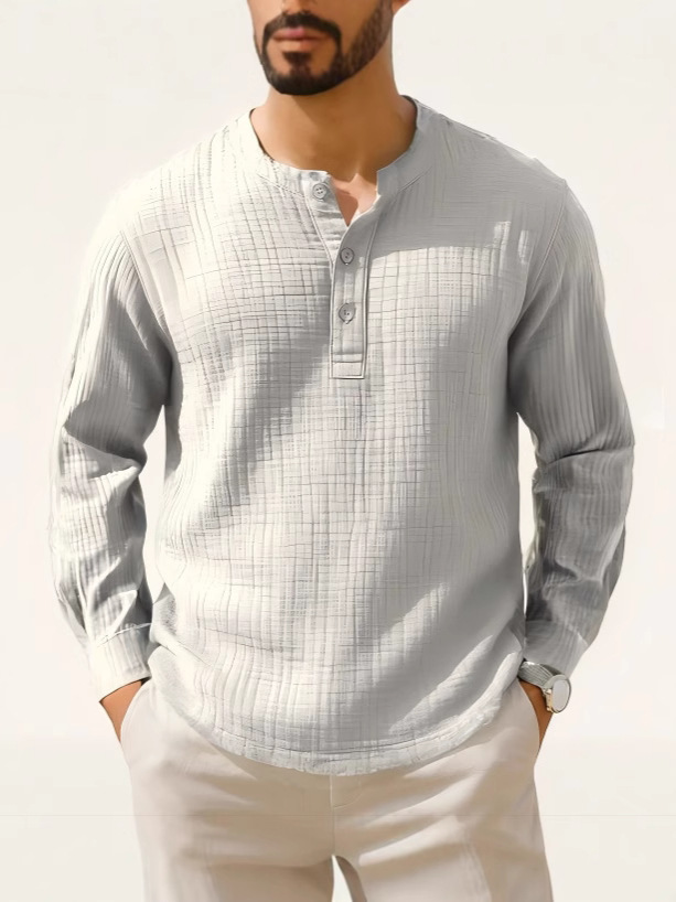 2025 New Cotton and Linen Long Sleeve Shirt T-Shirt Round Neck Beach Shirt