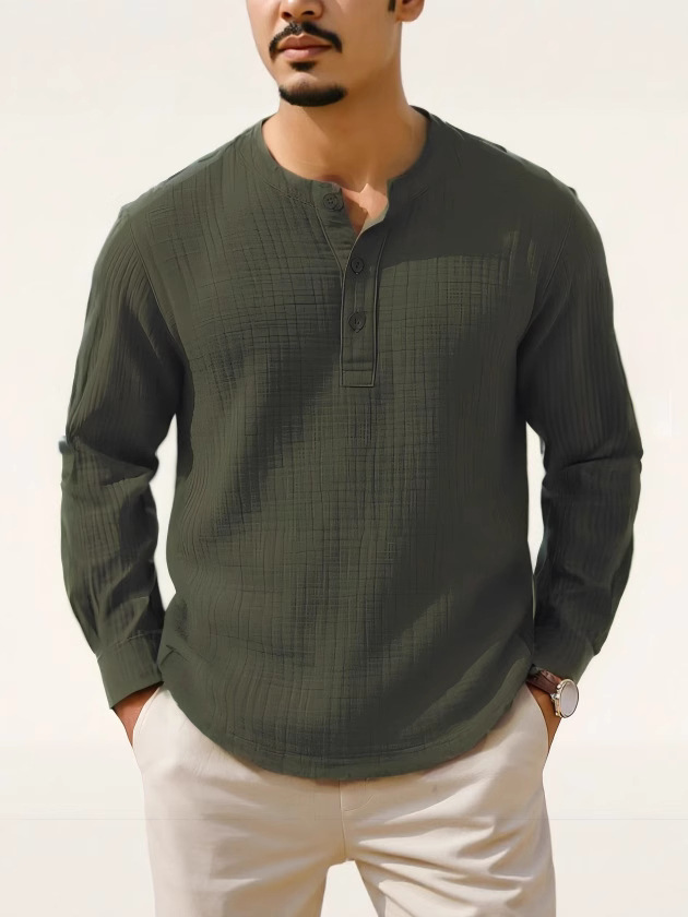 2025 New Cotton and Linen Long Sleeve Shirt T-Shirt Round Neck Beach Shirt