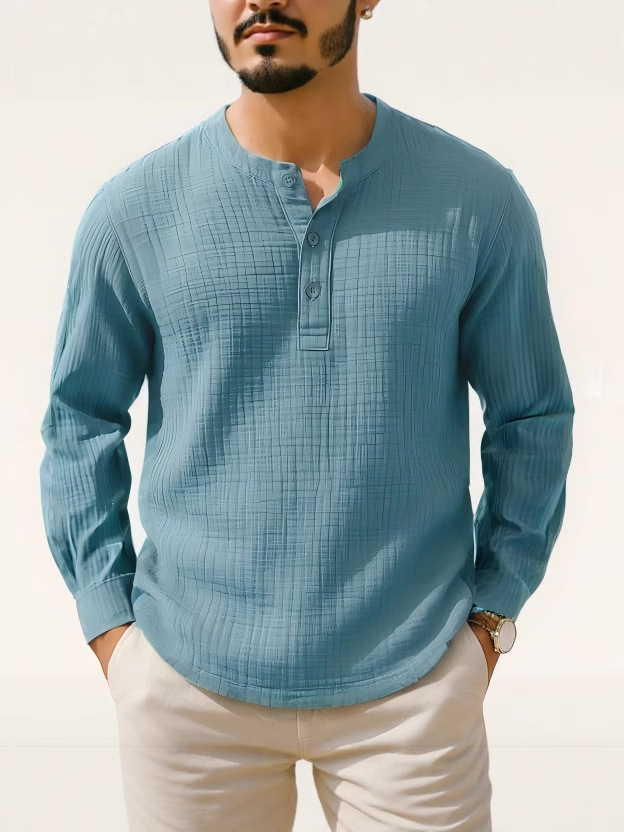 2025 New Cotton and Linen Long Sleeve Shirt T-Shirt Round Neck Beach Shirt