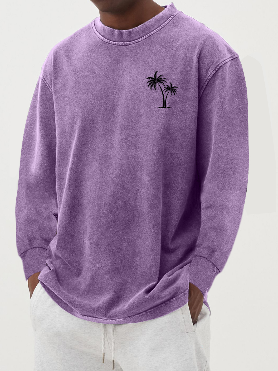 Men's Cotton Vintage Washed Distressed Palm Tree Long-sleeved T-shirt