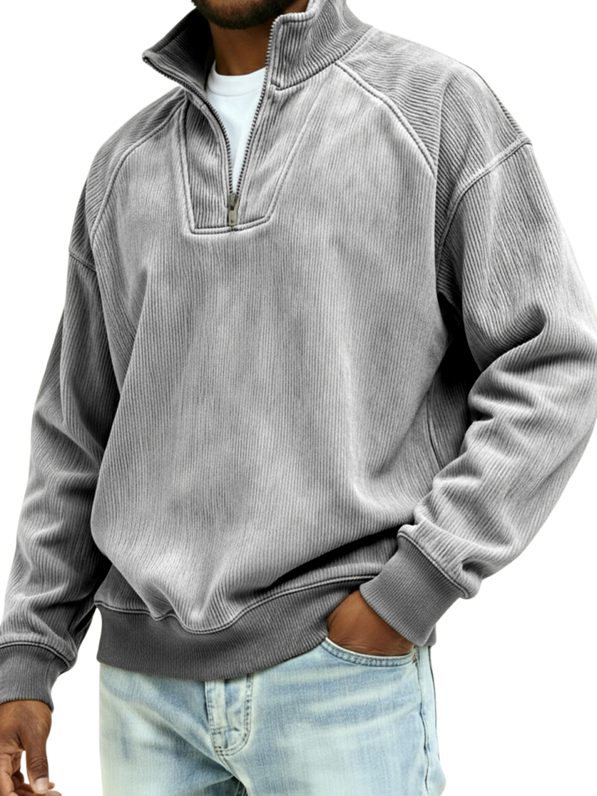 Men's Vintage Corduroy Quarter Zipper Raglan Sleeve Patchwork Pullover