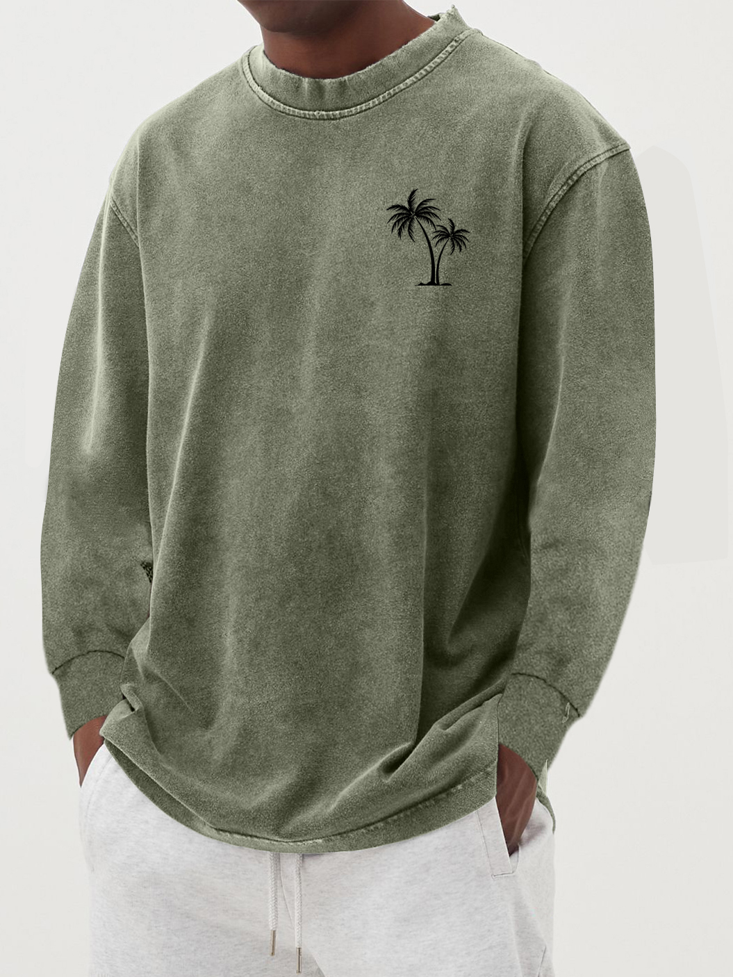 Men's Cotton Vintage Washed Distressed Palm Tree Long-sleeved T-shirt