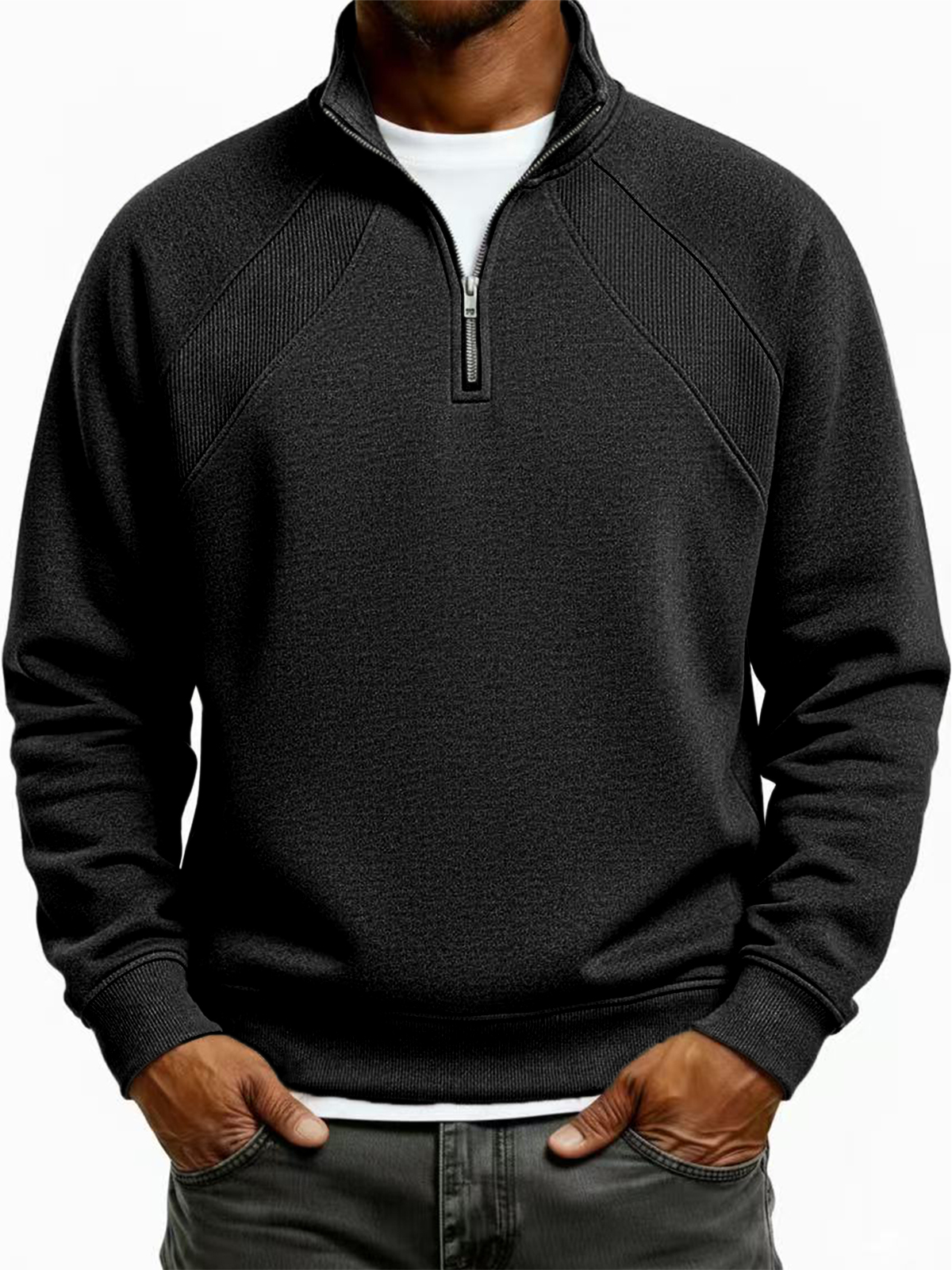 Men's Quarter-Zip Ribbed Raglan Textured Deconstructed Pullover Sweatshirt