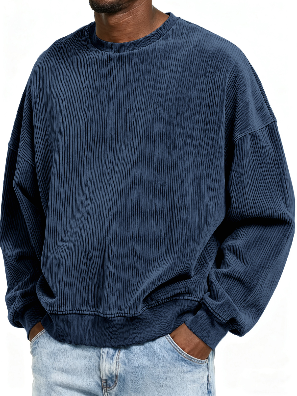 Stylish Ribbed Basic Crew Neck Pullover Sweatshirt
