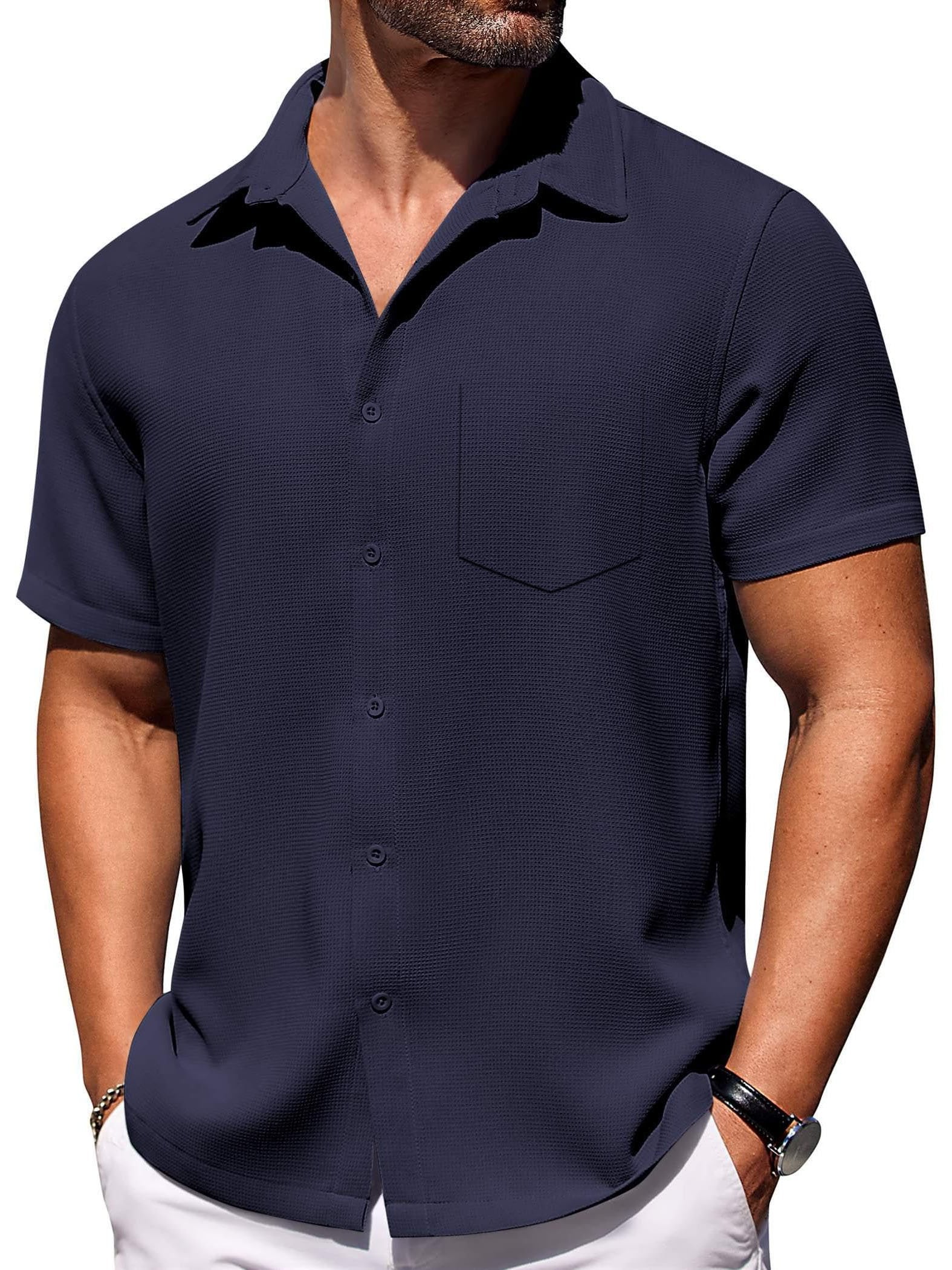 Men's Hawaiian Waffle Fabric Lapel Pocket Short Sleeve Shirt
