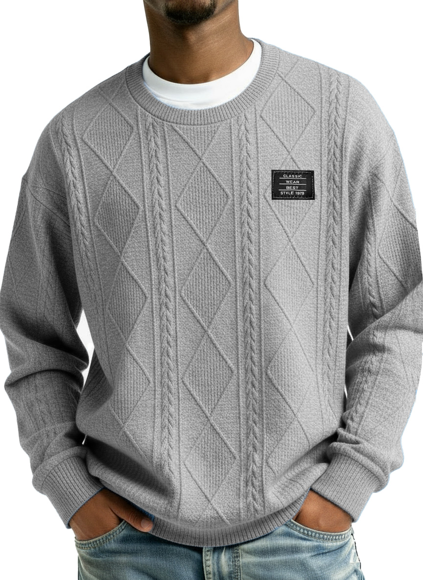 Men's Stylish Vintage Everyday Jacquard Fabric Embroidered Logo Long-sleeved Crew Neck Sweatshirt