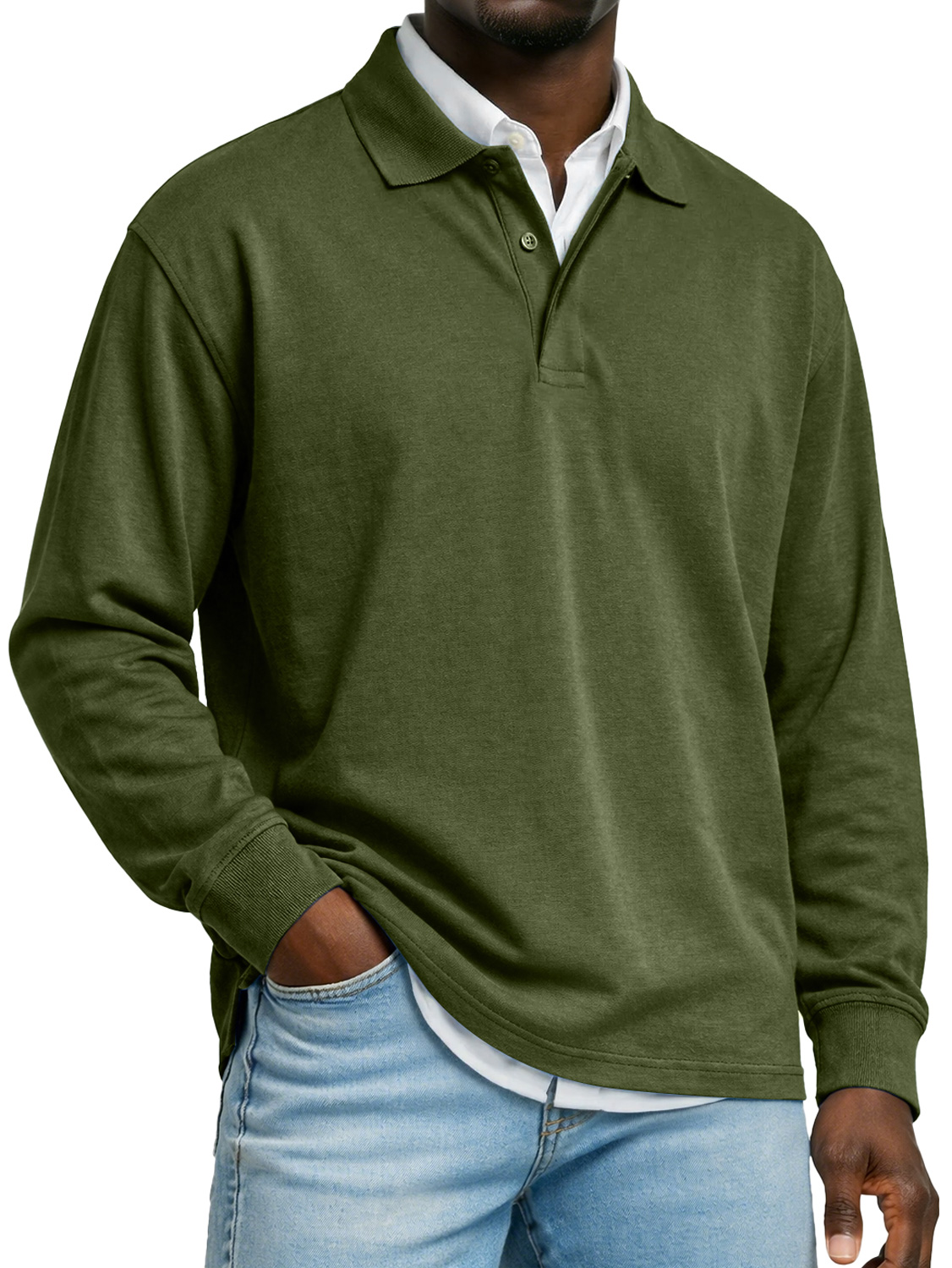 Men's Pure Cotton Long-sleeved Casual Polo Shirt With A Double-layered Placket And Collar Design