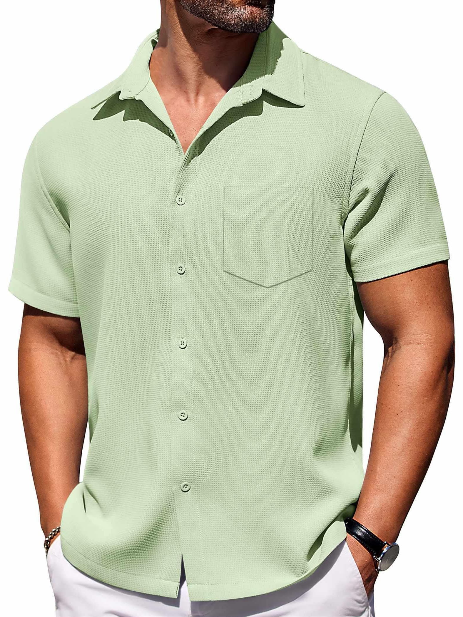 Men's Hawaiian Waffle Fabric Lapel Pocket Short Sleeve Shirt