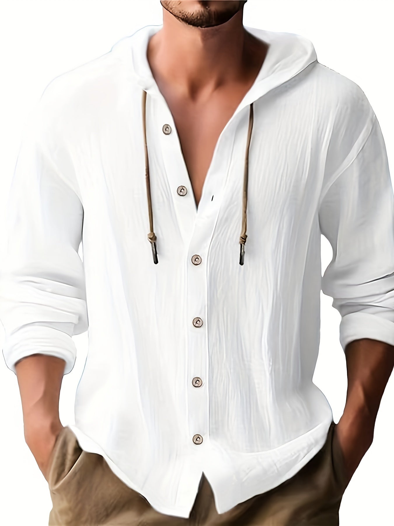 Men's hooded T-shirt solid color cotton and linen men's casual long-sleeved top