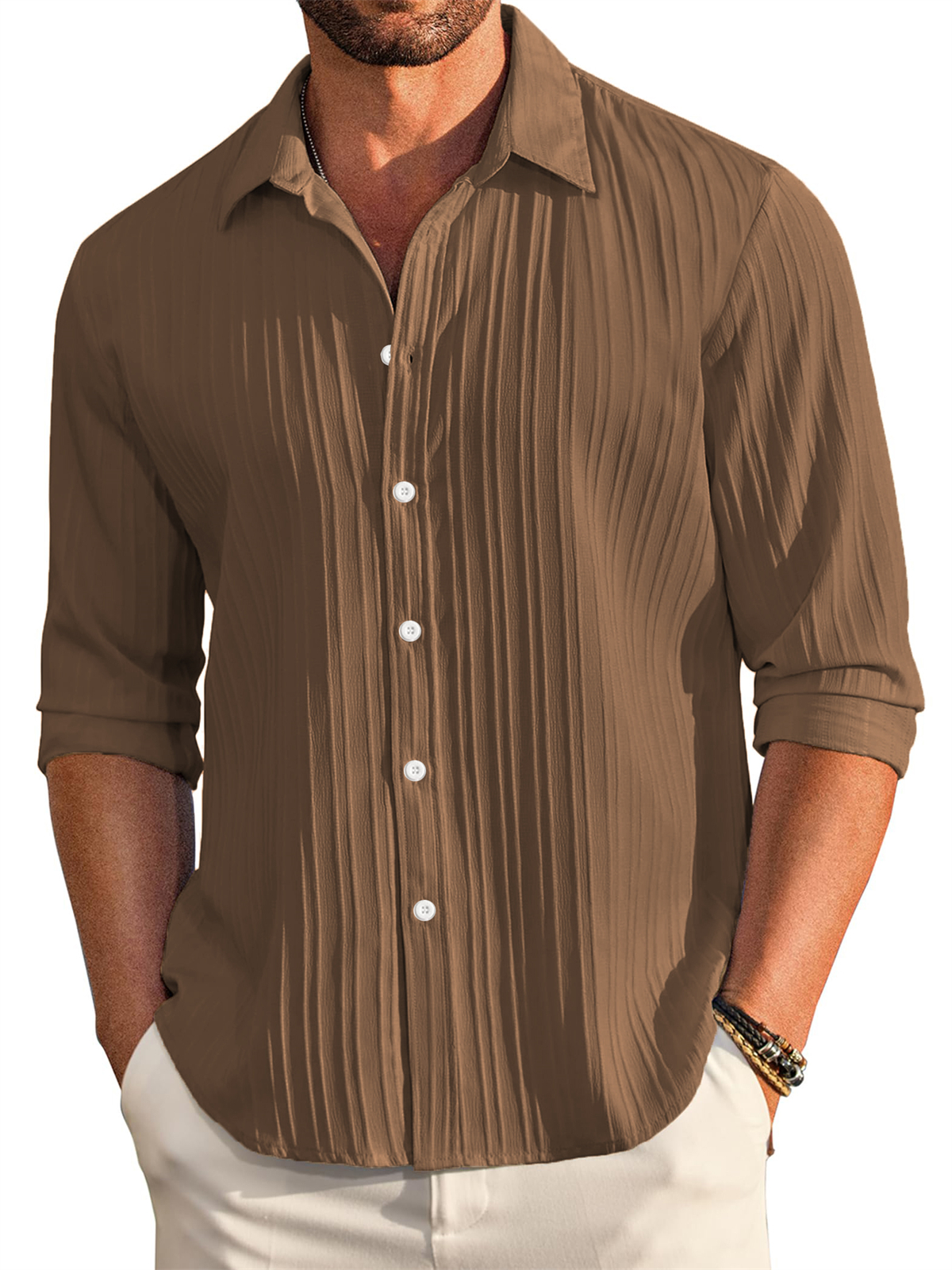 Men's Casual Comfortable Loose Textured Long Sleeve Shirt