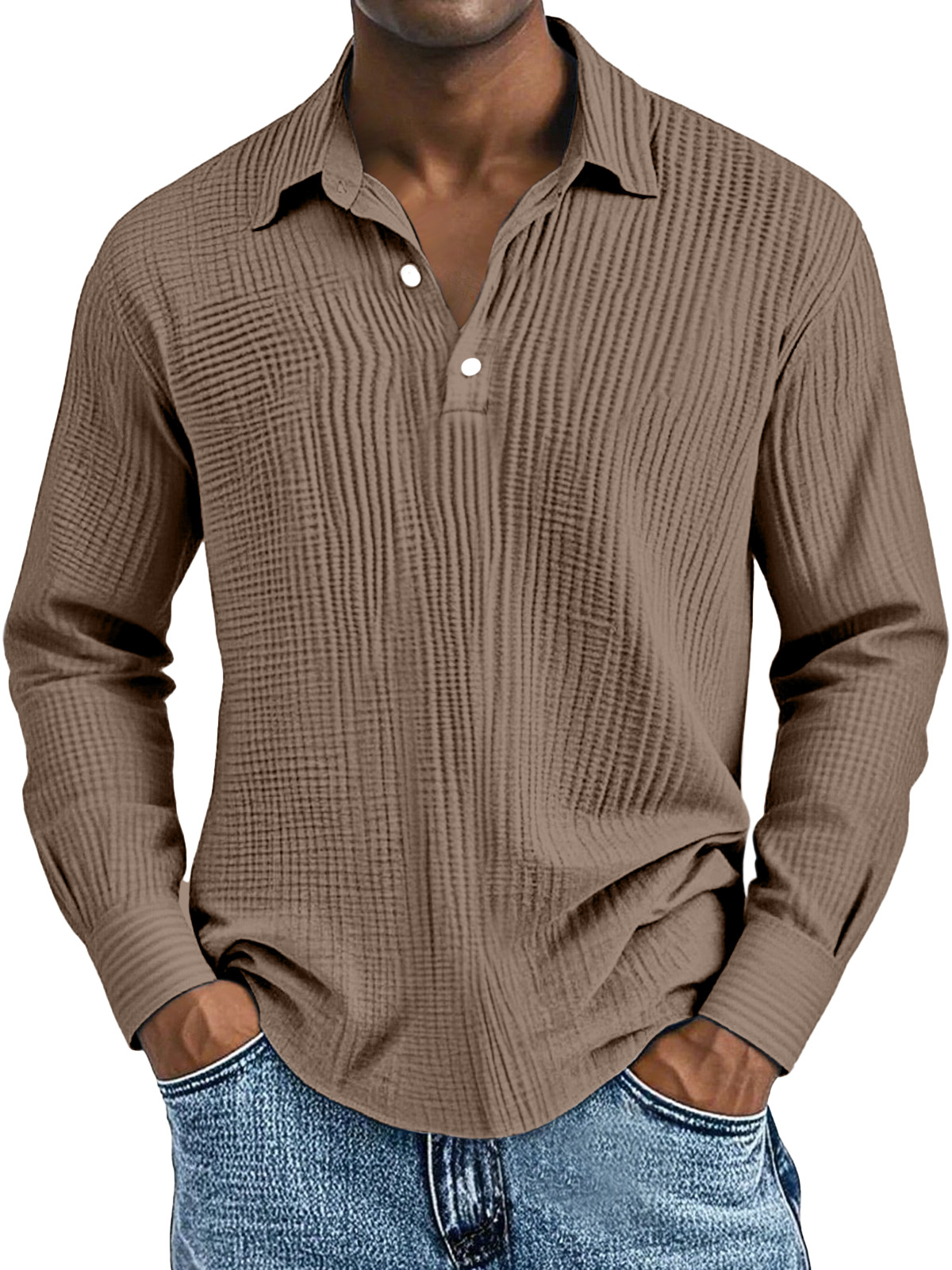 Men's Simple Solid Color Breathable Pleated Lapel Long-sleeved Polo Shirt