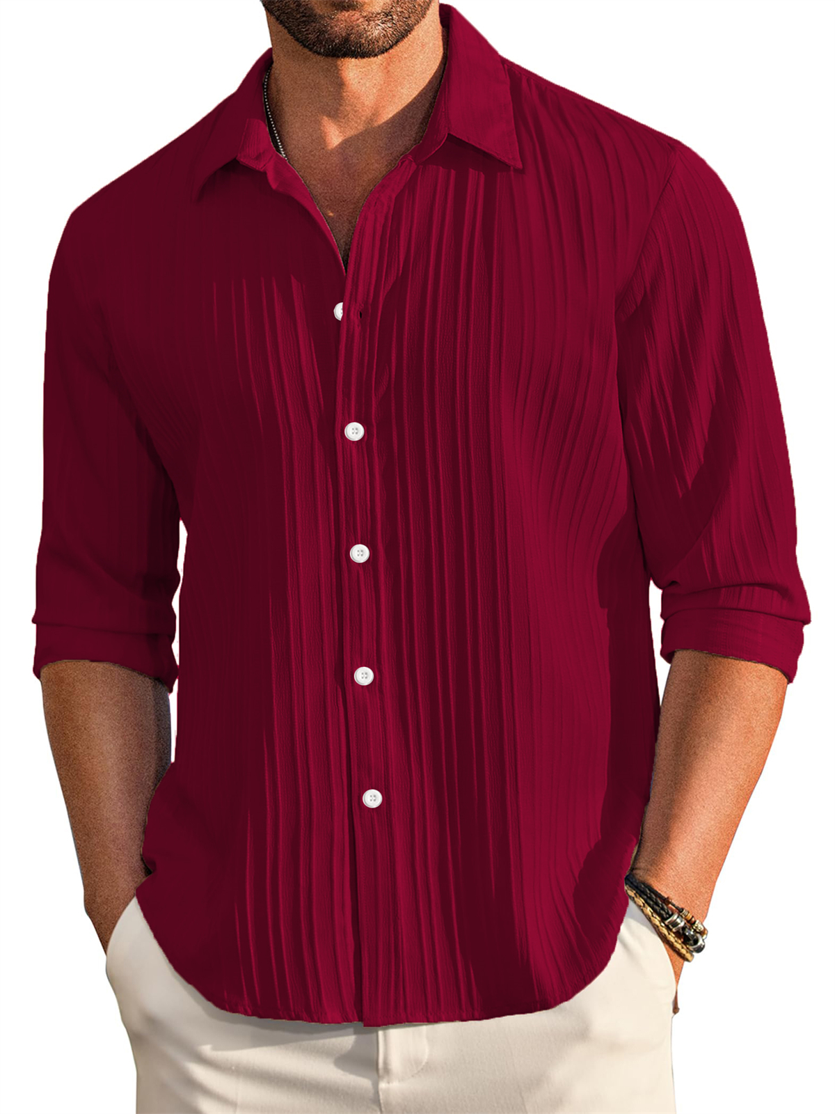 Men's Casual Comfortable Loose Textured Long Sleeve Shirt