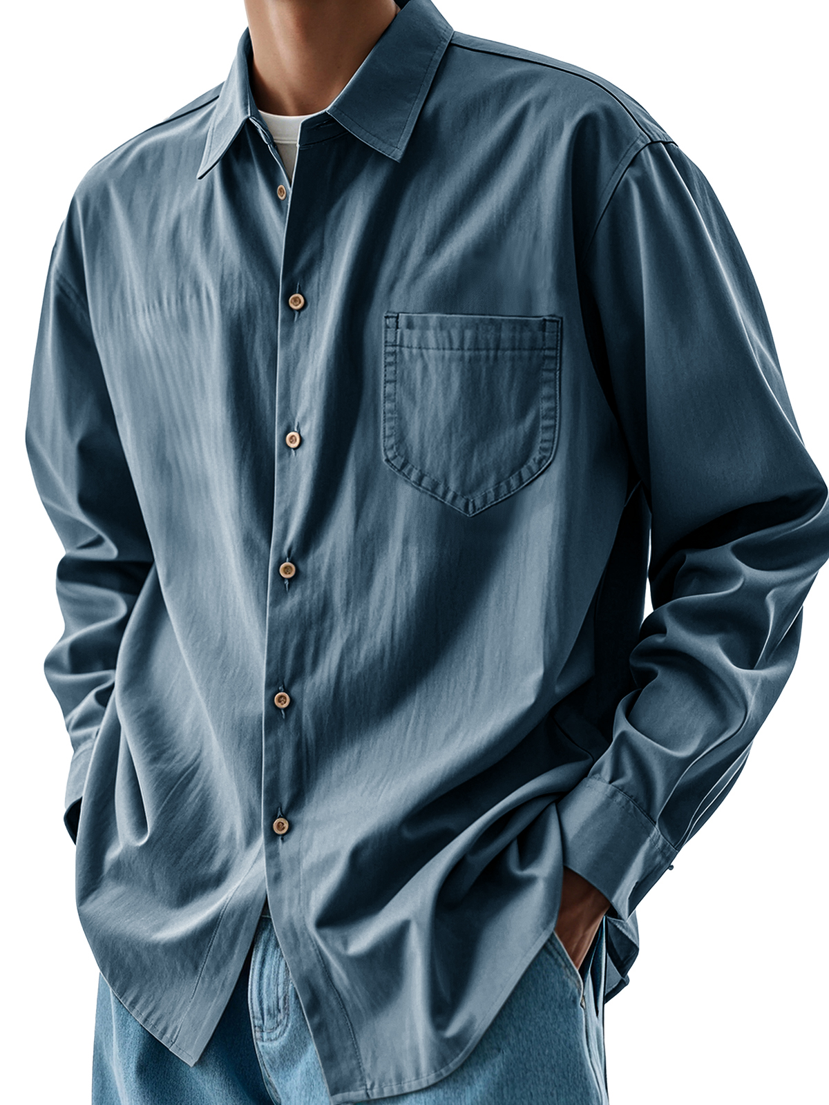 Men's Fashion Casual Pleated Fabric Pocket Lapel Long-sleeved Shirt