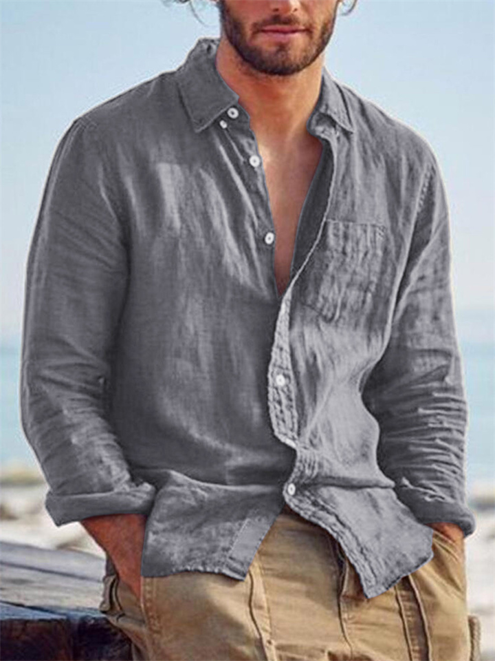 Men's Linen Shirt Shirt Summer Shirt Beach Shirt Black Brown Green Long Sleeve Solid Color Turndown Spring & Fall Outdoor Street Clothing Apparel Button-Down