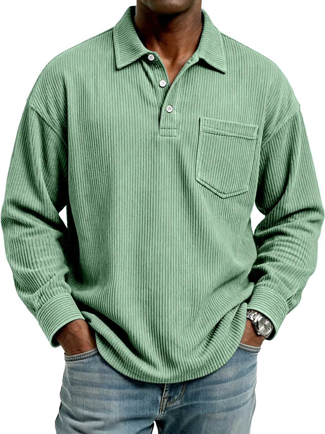 Men's Retro Corduroy Lapel Button Casual Pocket Long-Sleeve Polo Shirt