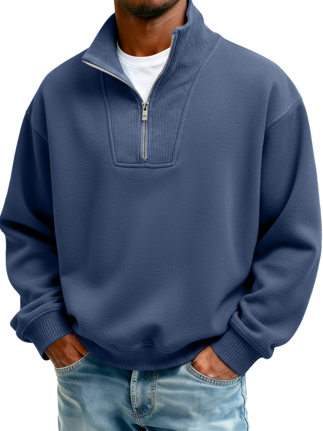 Men's Stand Collar Zipper Ribbed Panel Casual Long-Sleeve Sweatshirt