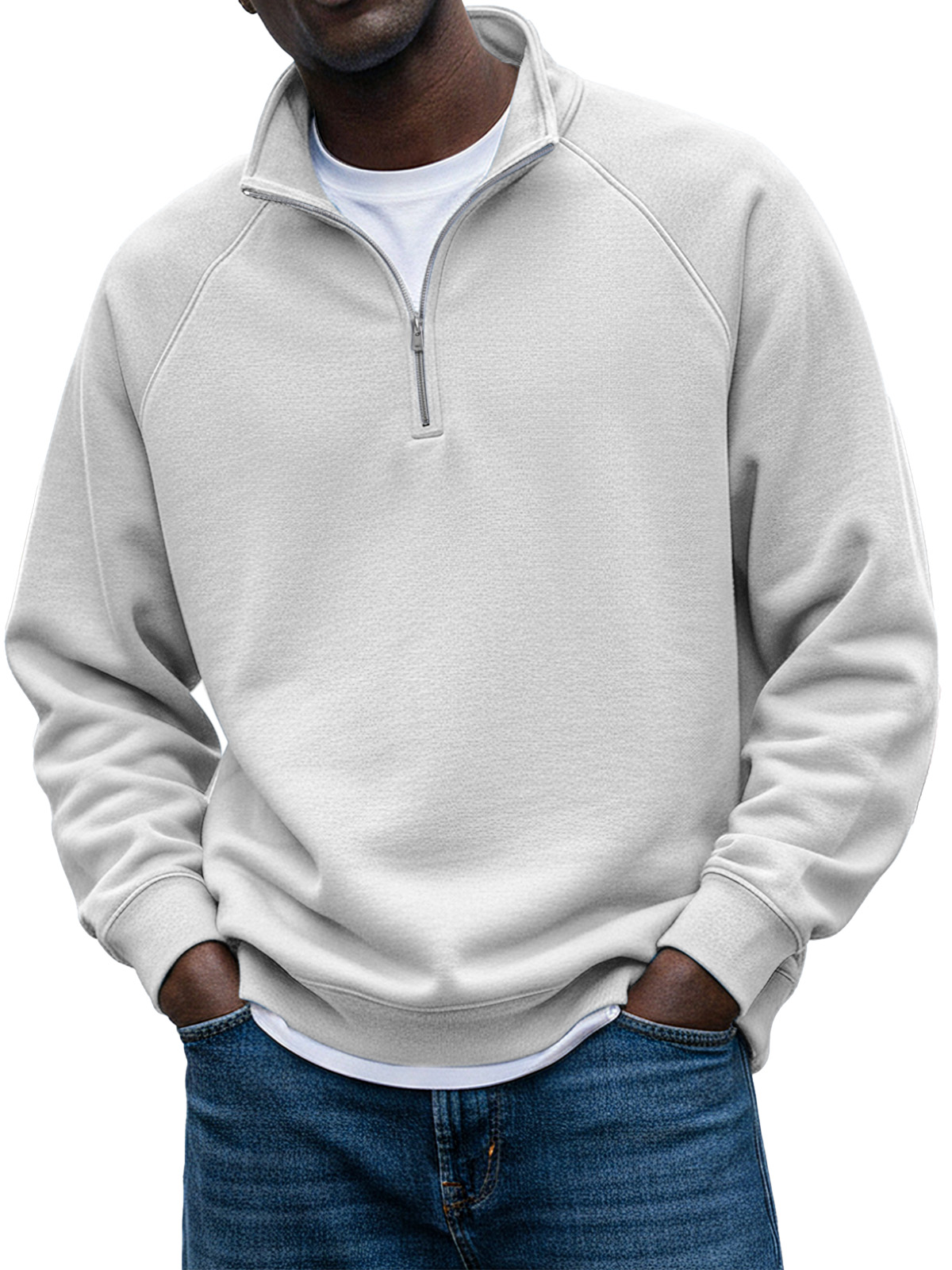 Men's Simple Solid Color Stand Collar Zipper Raglan Sleeve Design Sweatshirt