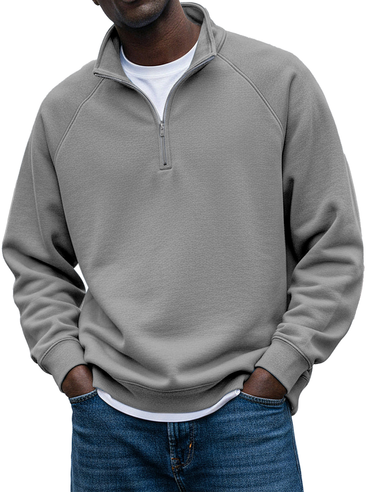 Men's Simple Solid Color Stand Collar Zipper Raglan Sleeve Design Sweatshirt