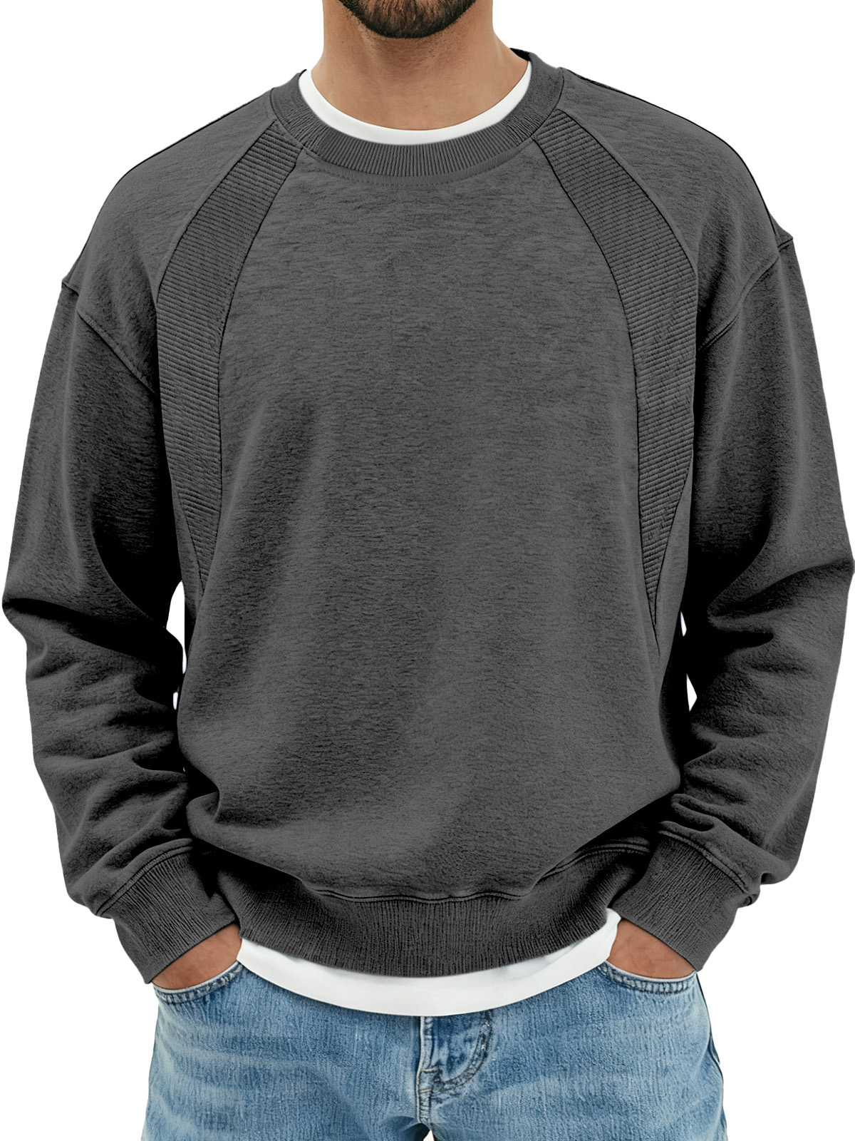 Men's Solid Color Design Split Round Neck Sweatshirt