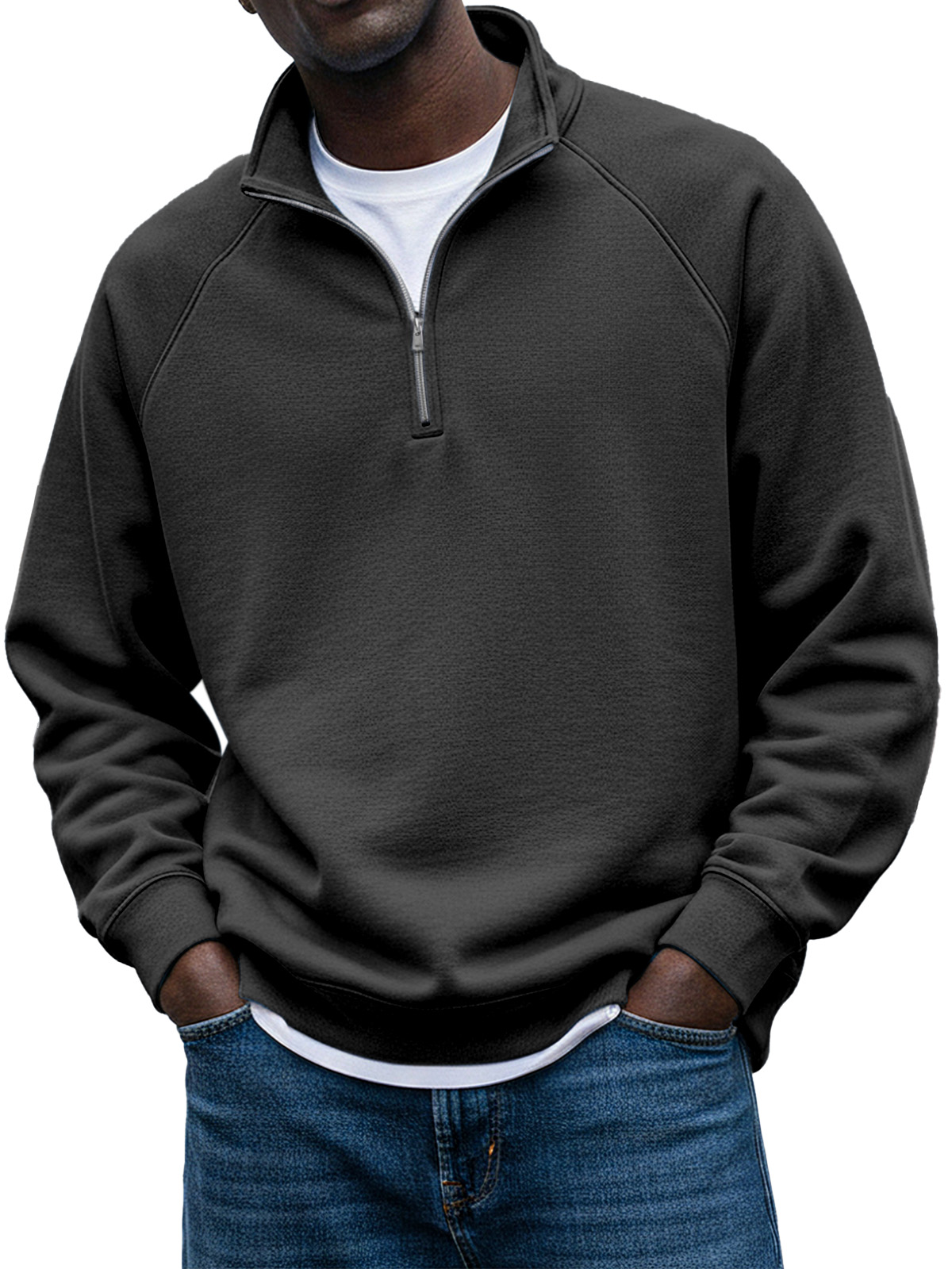 Men's Simple Solid Color Stand Collar Zipper Raglan Sleeve Design Sweatshirt