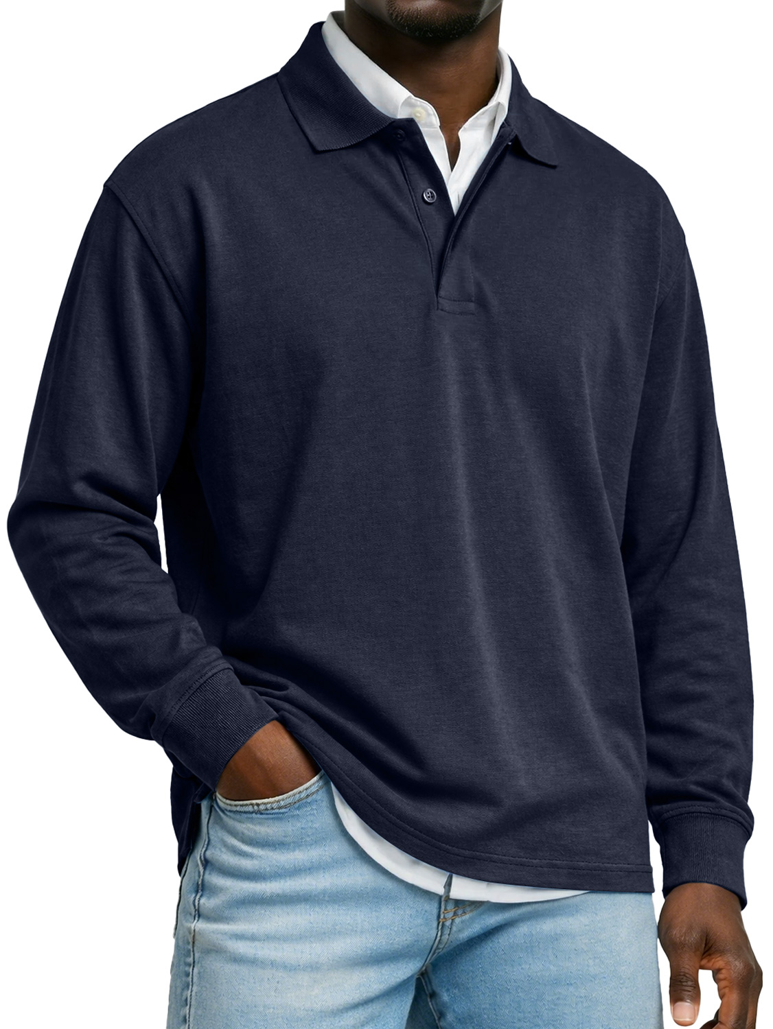 Men's Pure Cotton Long-sleeved Casual Polo Shirt With A Double-layered Placket And Collar Design