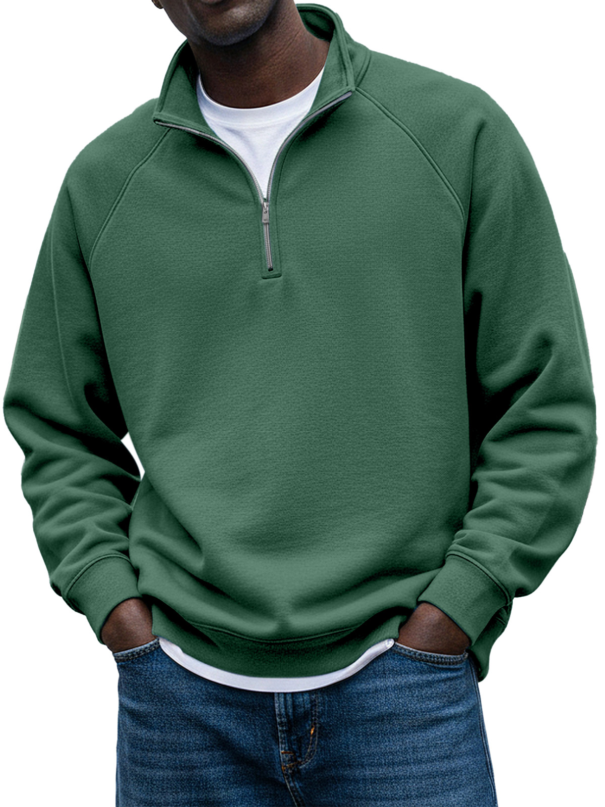 Men's Simple Solid Color Stand Collar Zipper Raglan Sleeve Design Sweatshirt